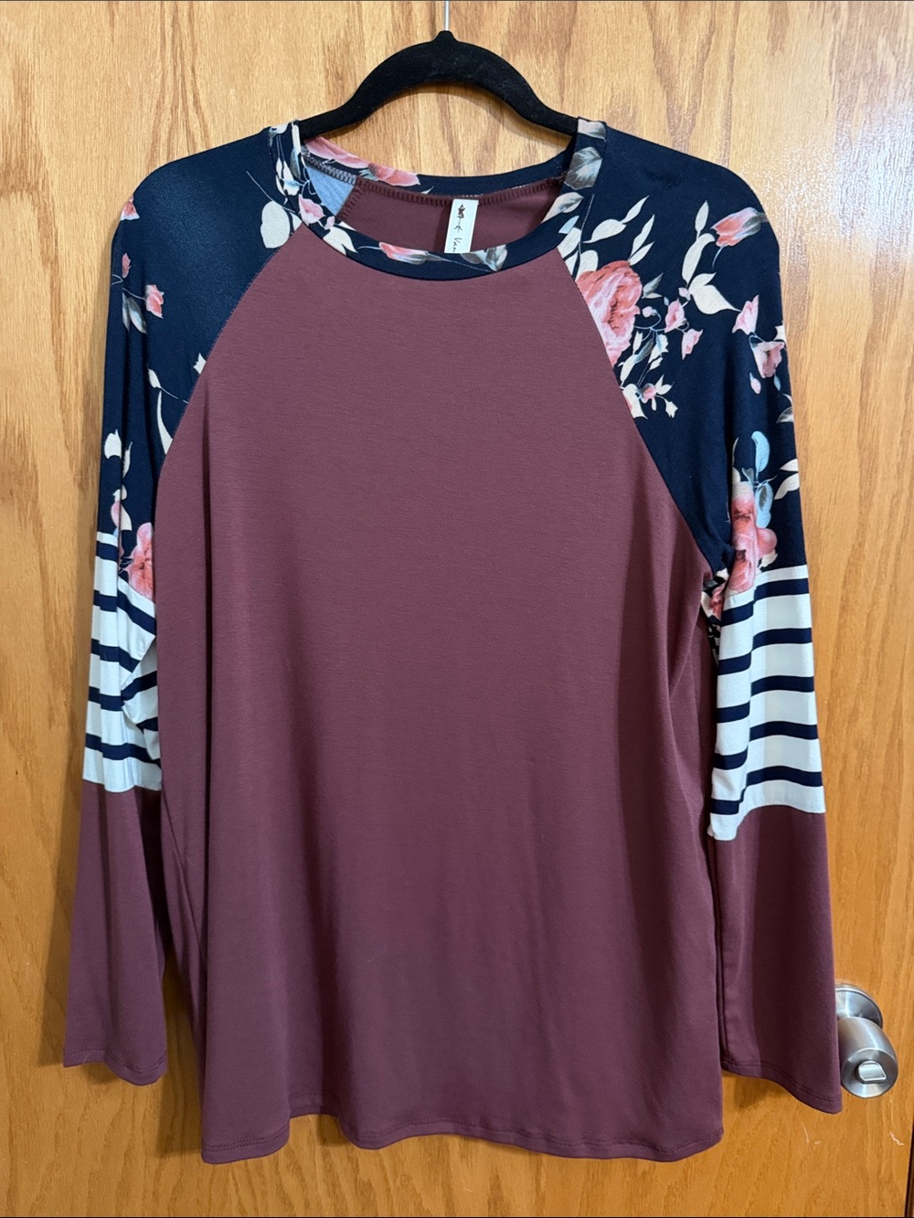 Vanilla Bay Maroon Long-Sleeve Raglan Top with Navy Floral Accents